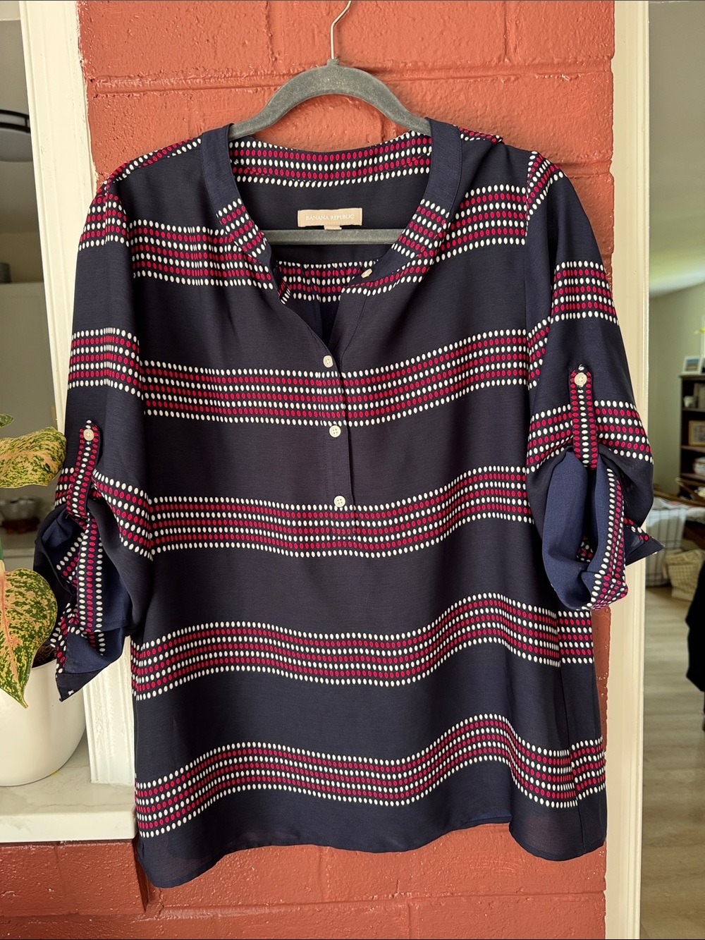 Banana Republic Navy Blouse with Red and White Dot Striped Pattern L - Picture 3 of 8
